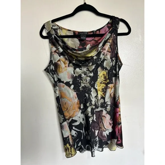 Spense Woman's Cowl Neck tank Romantic Dark Whimsical Satin Dark Floral‎ M - Picture 2 of 9